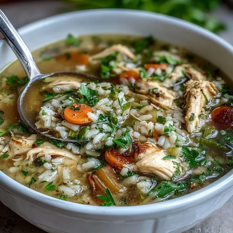 A rustic pot of One-Pot Healthy Chicken and Rice Soup, garnished with parsley, showcasing tender chicken, vibrant vegetables, and hearty rice.