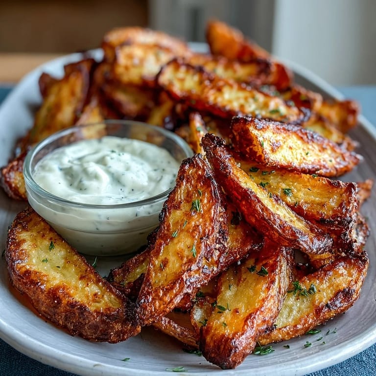 Air-fried sweet potato fries, crispy on the outside and tender inside, paired with zesty garlic aioli for extra flavor.