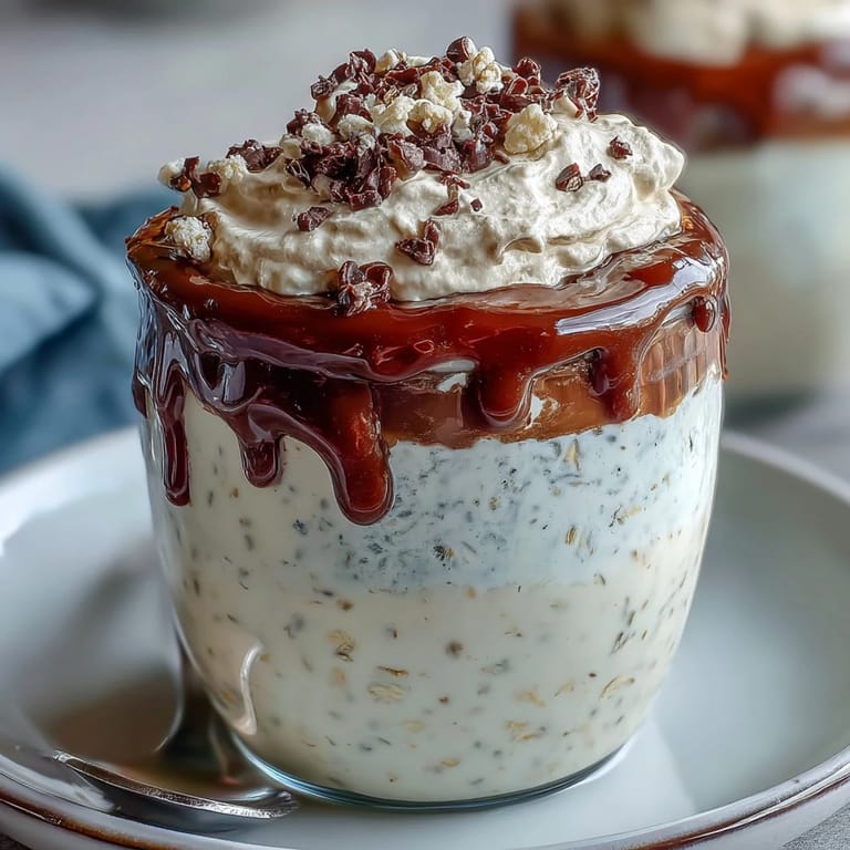 Vanilla bean frappuccino-inspired overnight oats dessert jar featuring rich espresso, Greek yogurt, and chocolate chips for a café-style indulgence.