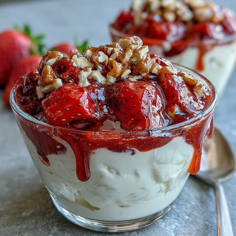 A close-up view of a beautifully presented Greek yogurt bowl with strawberry compote and fresh mint garnish.
