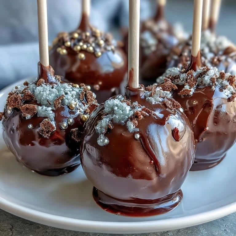 Chocolate cake pops shaped like tiny pots, coated in black candy melts and topped with shimmering gold candy pearls.