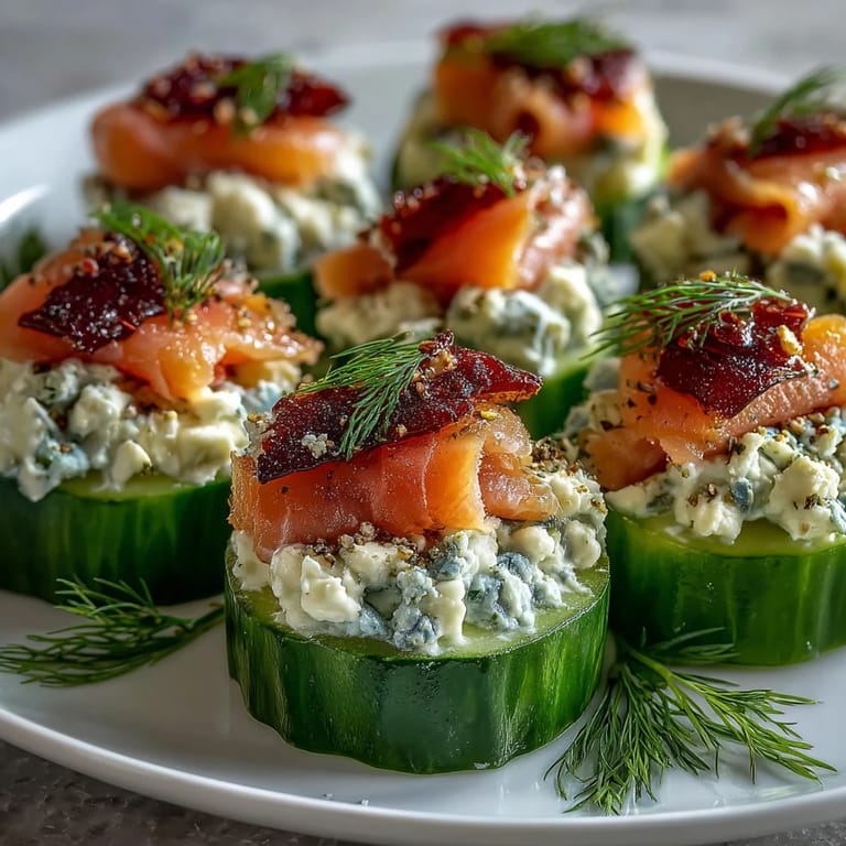 Creamy cream cheese mixture topped with smoked salmon on crisp cucumber rounds, perfect for elegant summer appetizers.