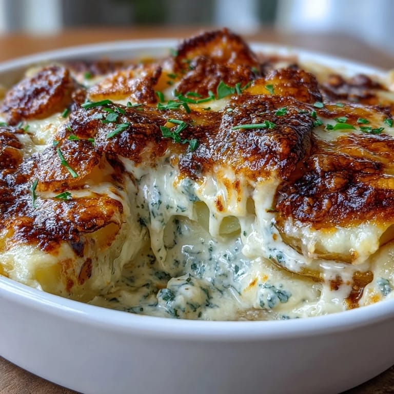 Rich and cheesy Creamy Au Gratin Potatoes, featuring a velvety cream sauce and crispy golden crust.
