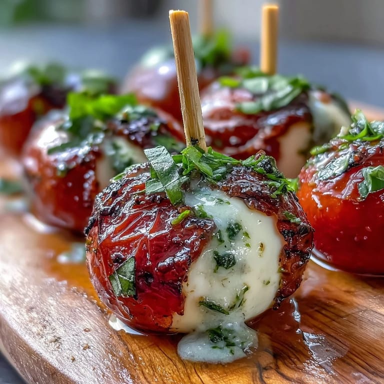 Colorful Caprese Skewers with Pesto Drizzle, showcasing juicy cherry tomatoes, creamy mozzarella, and fragrant basil leaves, finished with a zesty homemade pesto sauce.