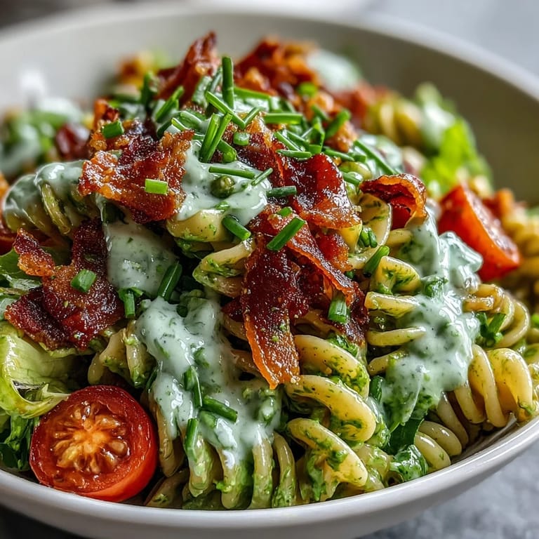 Creamy BLT Pasta with Avocado Ranch, featuring tender pasta, smoky bacon, and crisp lettuce in a zesty ranch-avocado blend.  