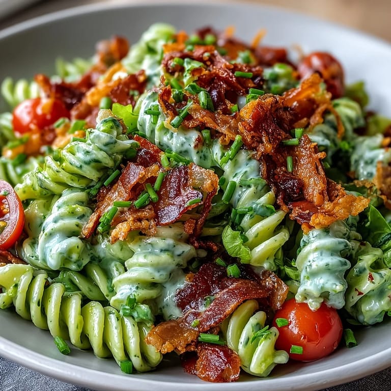 Vibrant BLT Pasta with Avocado Ranch, a picnic-ready dish with crunchy bacon, ripe tomatoes, and cool lettuce in rich dressing.