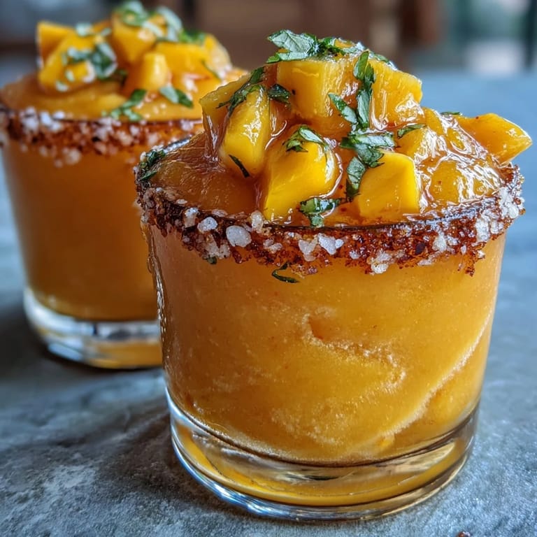 Creamy frozen mango margarita mocktail with a slushy texture, citrus aroma, and Tajín-rimmed glass, perfect for summer refreshment.