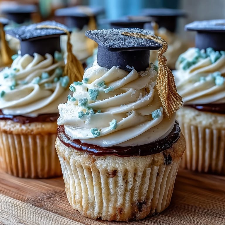 Celebrate success with these charming vanilla cupcakes, frosted and crowned with handcrafted fondant graduation caps, ready for any party.