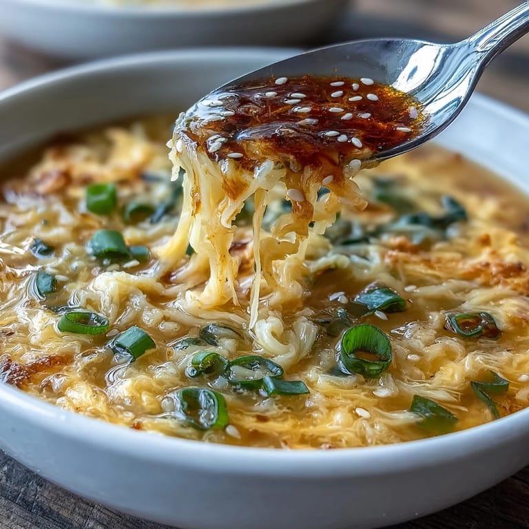 Warm, aromatic egg drop soup with fresh scallions, offering a soothing and nourishing meal in minutes.
