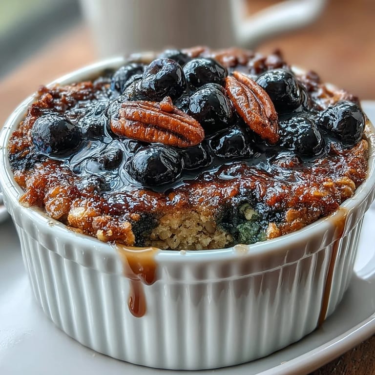 Single-serve blueberry baked oatmeal with maple syrup drizzle, baked until tender and bubbling in a small ceramic dish.