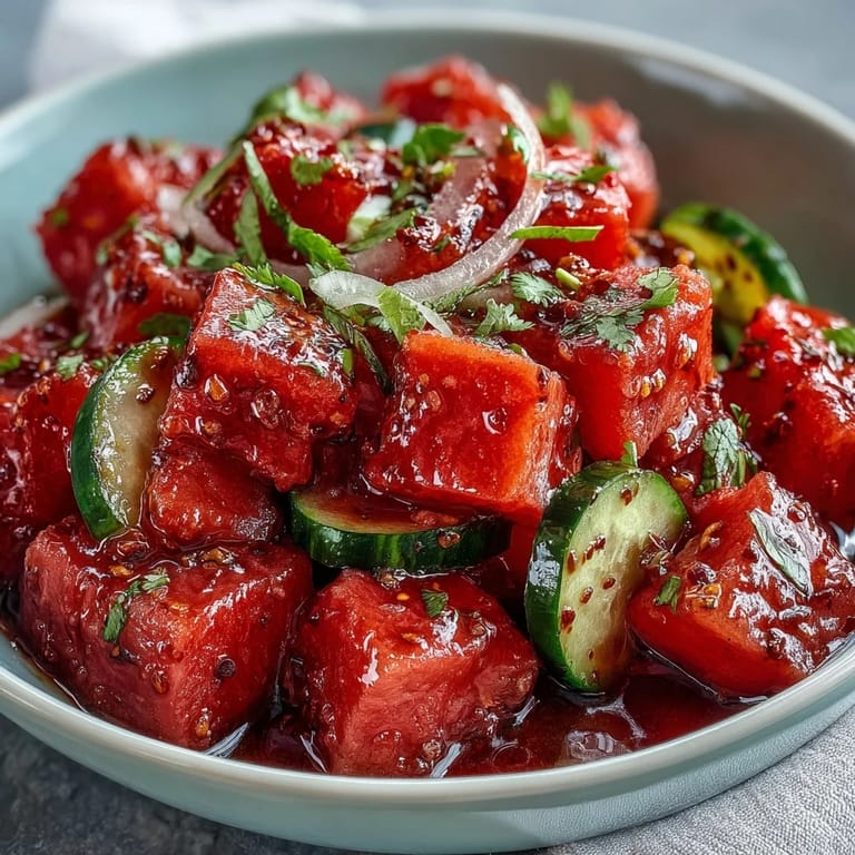 Juicy watermelon and cucumber salad with Tajin seasoning and lime, an easy vegetarian side dish bursting with bright, refreshing flavors.