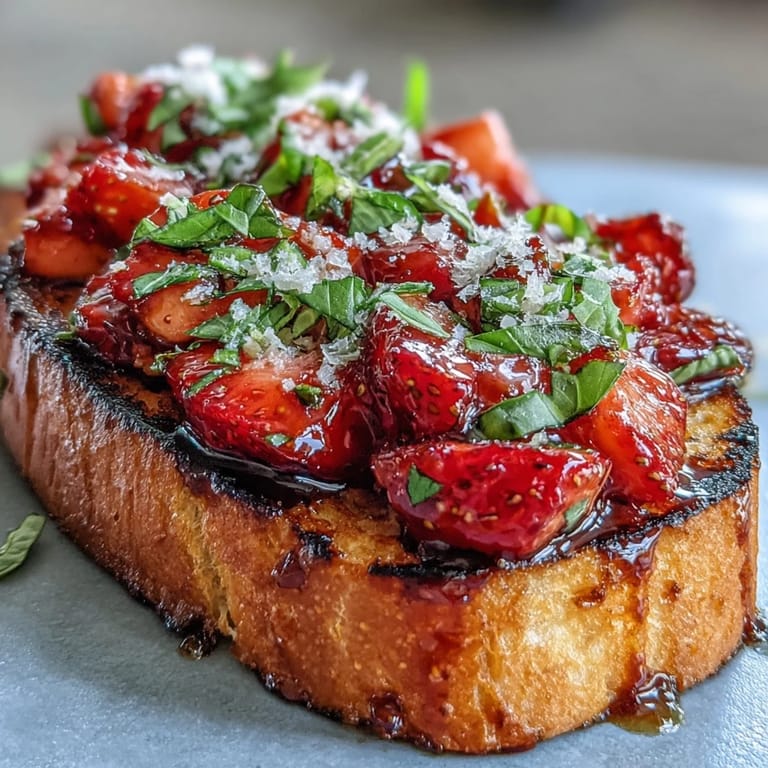 Sweet and savory strawberry balsamic bruschetta served warm on crusty grilled bread.