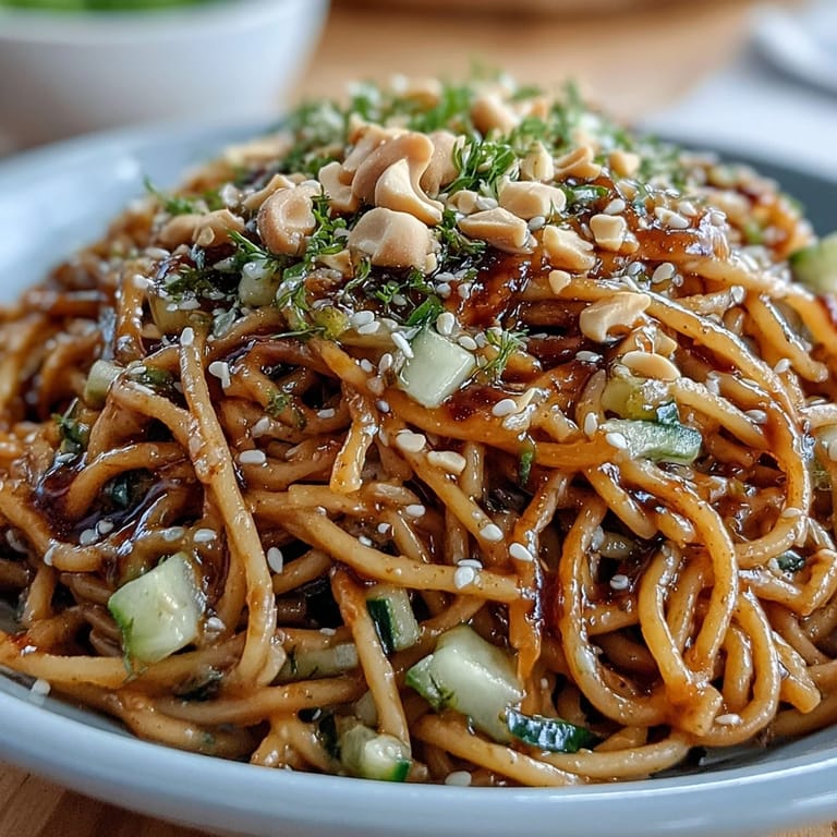 Vibrant sesame noodles recipe topped with fresh cucumber, scallions, and sesame seeds.