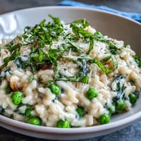 A bowl of creamy Spring Pea and Mint Risotto with Parmesan, garnished with fresh mint and lemon zest for a vibrant finish.  