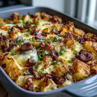 Hearty overnight Amish breakfast casserole with sausage, eggs, and melted cheese, baked golden and bubbling.