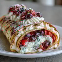 Elegant crepe roll cake with layers of delicate crepes and fluffy whipped cream, garnished with fresh berries and a dusting of powdered sugar.