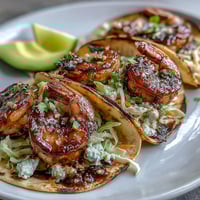 Honey Garlic Shrimp Tacos with cabbage slaw and lime crema, served in warm tortillas with avocado slices.