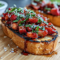 Vibrant strawberry balsamic bruschetta piled high on grilled sourdough toast.